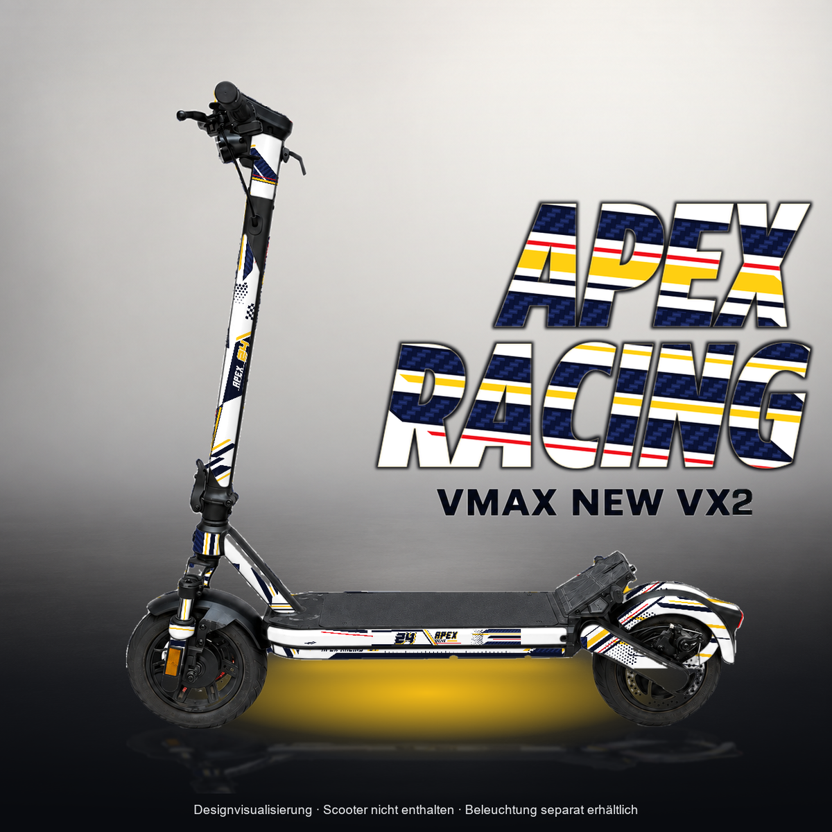 VMAX NEW VX2 SKIN | APEX RACING – Designvisualisierung mit Licht in der Skinfarbe; Scooter nicht enthalten, Beleuchtung separat erhältlich