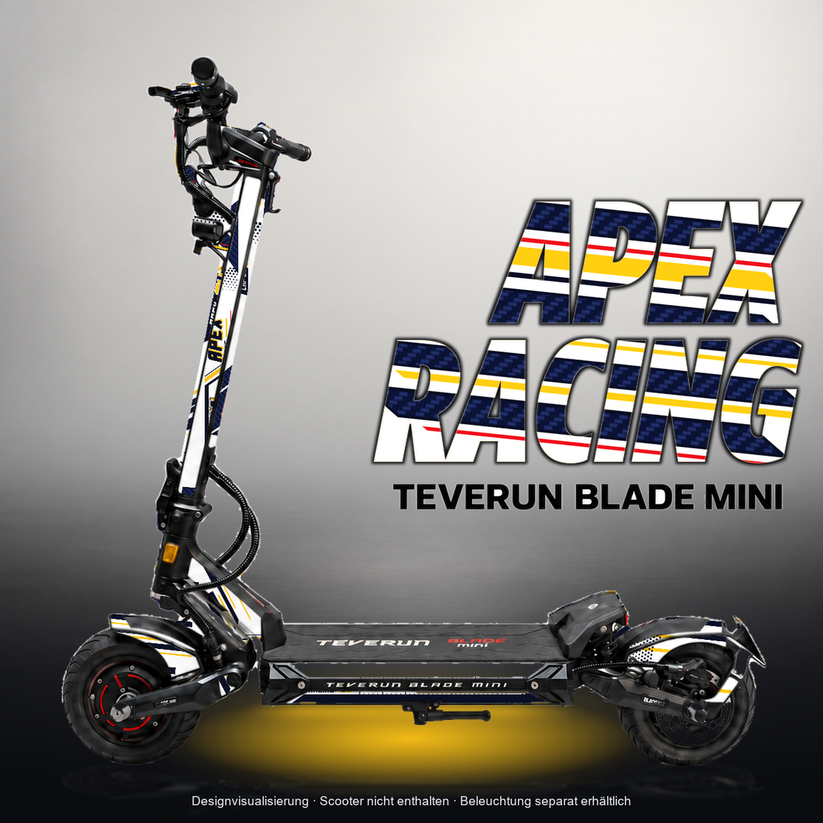 TEVERUN BLADE MINI / PRO / ULTRA SKIN | APEX RACING – Designvisualisierung mit Licht in der Skinfarbe; Scooter nicht enthalten, Beleuchtung separat erhältlich