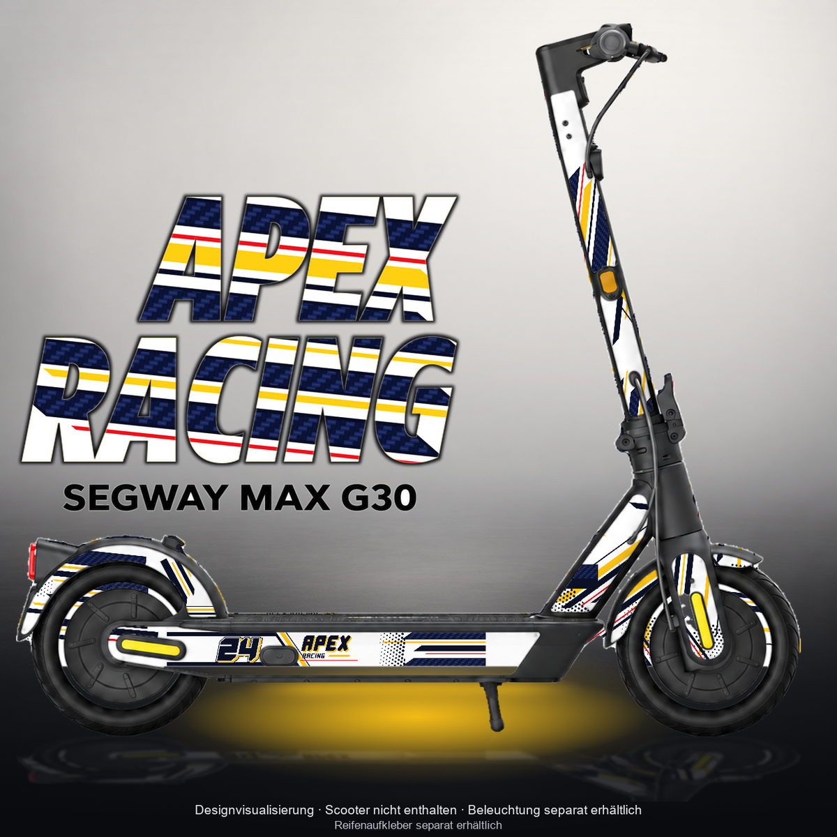 SEGWAY MAX G30 SKIN | APEX RACING – Designvisualisierung mit Licht in der Skinfarbe; Scooter nicht enthalten, Beleuchtung separat erhältlich