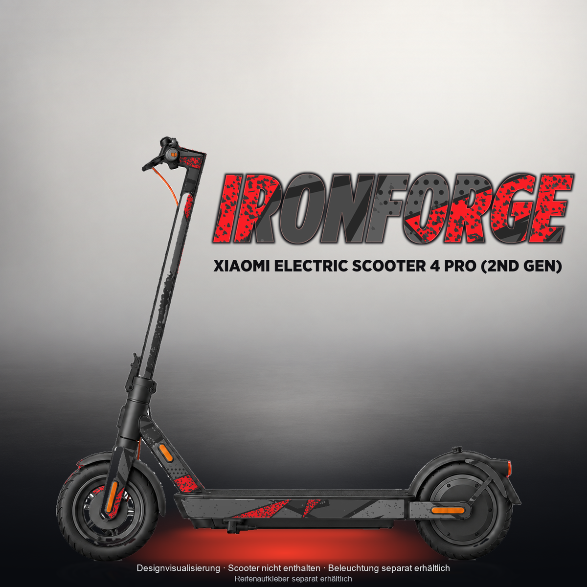XIAOMI ELECTRIC SCOOTER 4 PRO (2ND GEN) SKIN | IRONFORGE – Designvisualisierung mit Licht in der Skinfarbe; Scooter nicht enthalten, Beleuchtung separat erhältlich