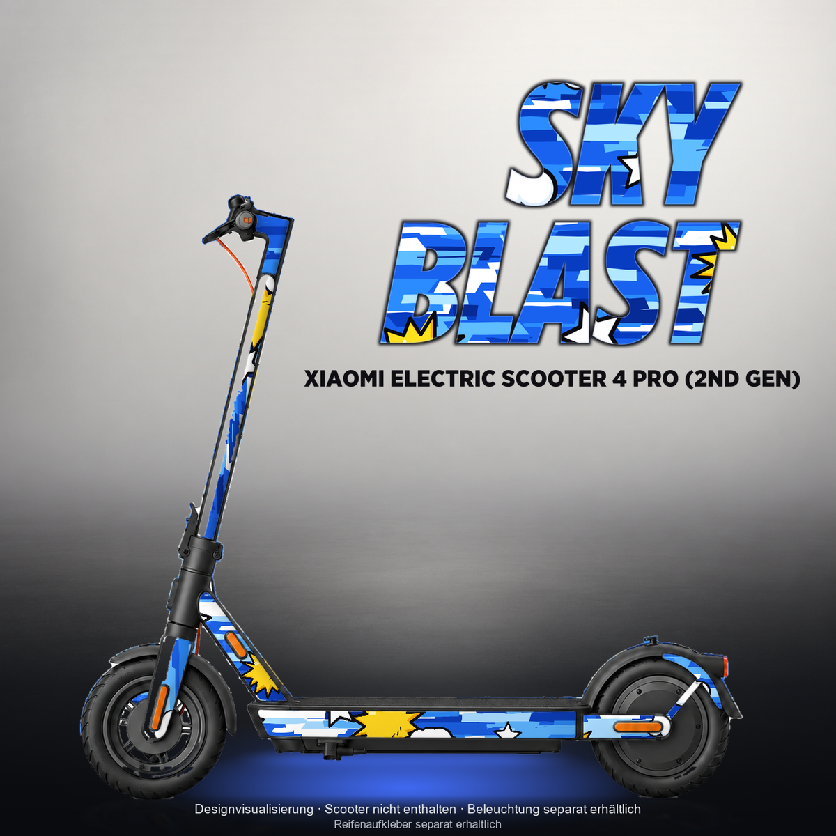 XIAOMI ELECTRIC SCOOTER 4 PRO (2ND GEN) SKIN | SKY BLAST – Designvisualisierung mit Licht in der Skinfarbe; Scooter nicht enthalten, Beleuchtung separat erhältlich