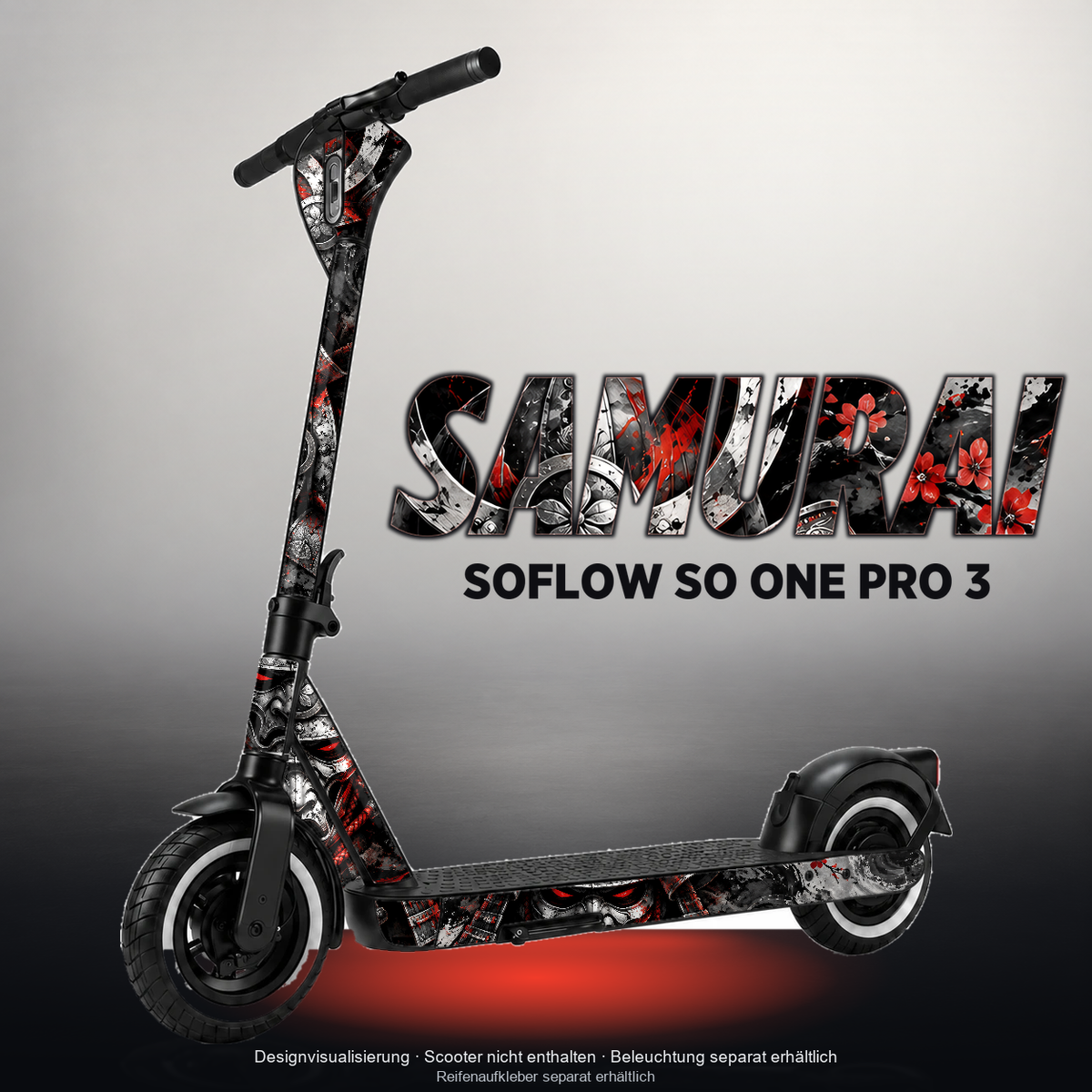 SOFLOW SO ONE PRO 3 SKIN | SAMURAI – Designvisualisierung mit Licht in der Skinfarbe; Scooter nicht enthalten, Beleuchtung separat erhältlich