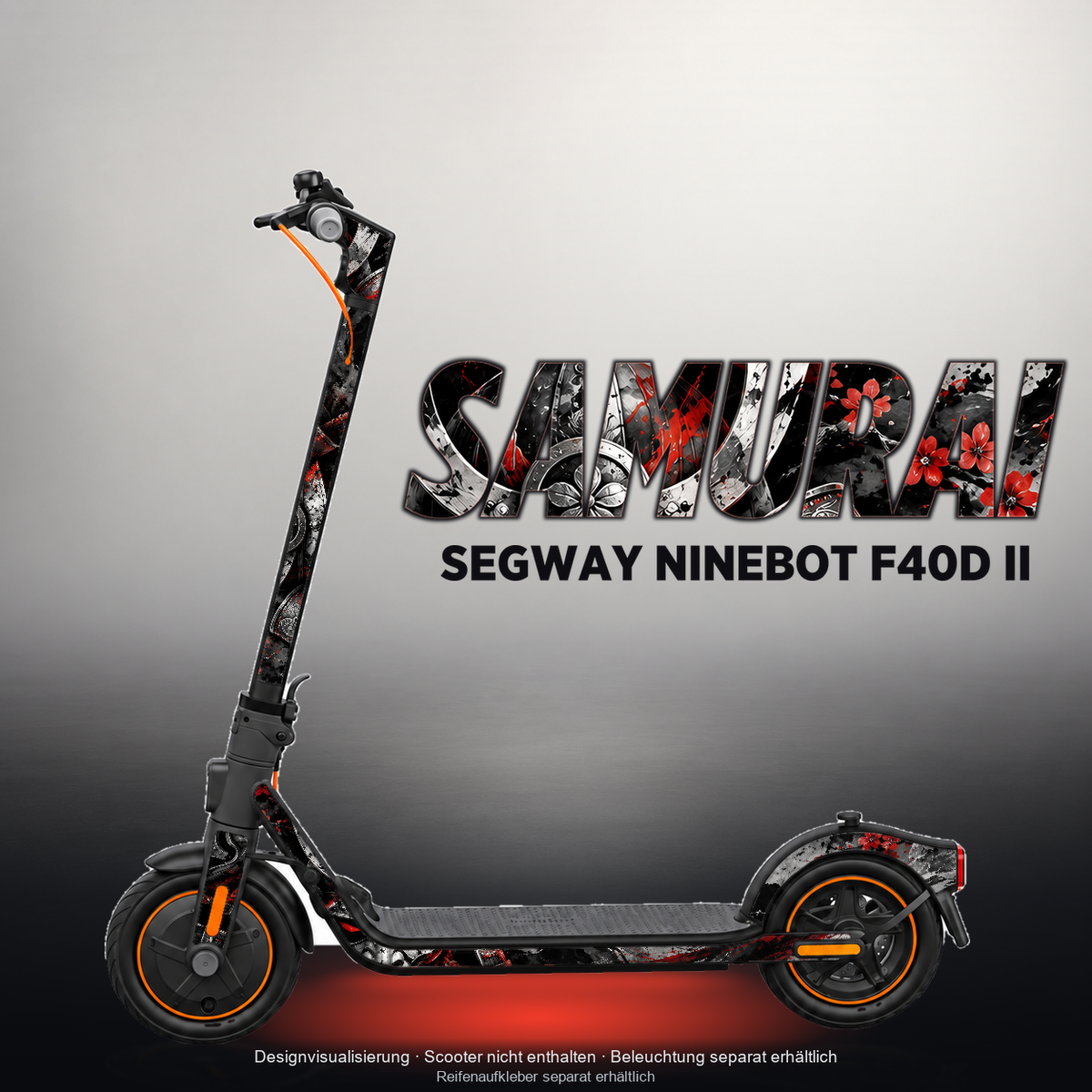 SEGWAY NINEBOT F40D II SKIN | SAMURAI – Designvisualisierung mit Licht in der Skinfarbe; Scooter nicht enthalten, Beleuchtung separat erhältlich