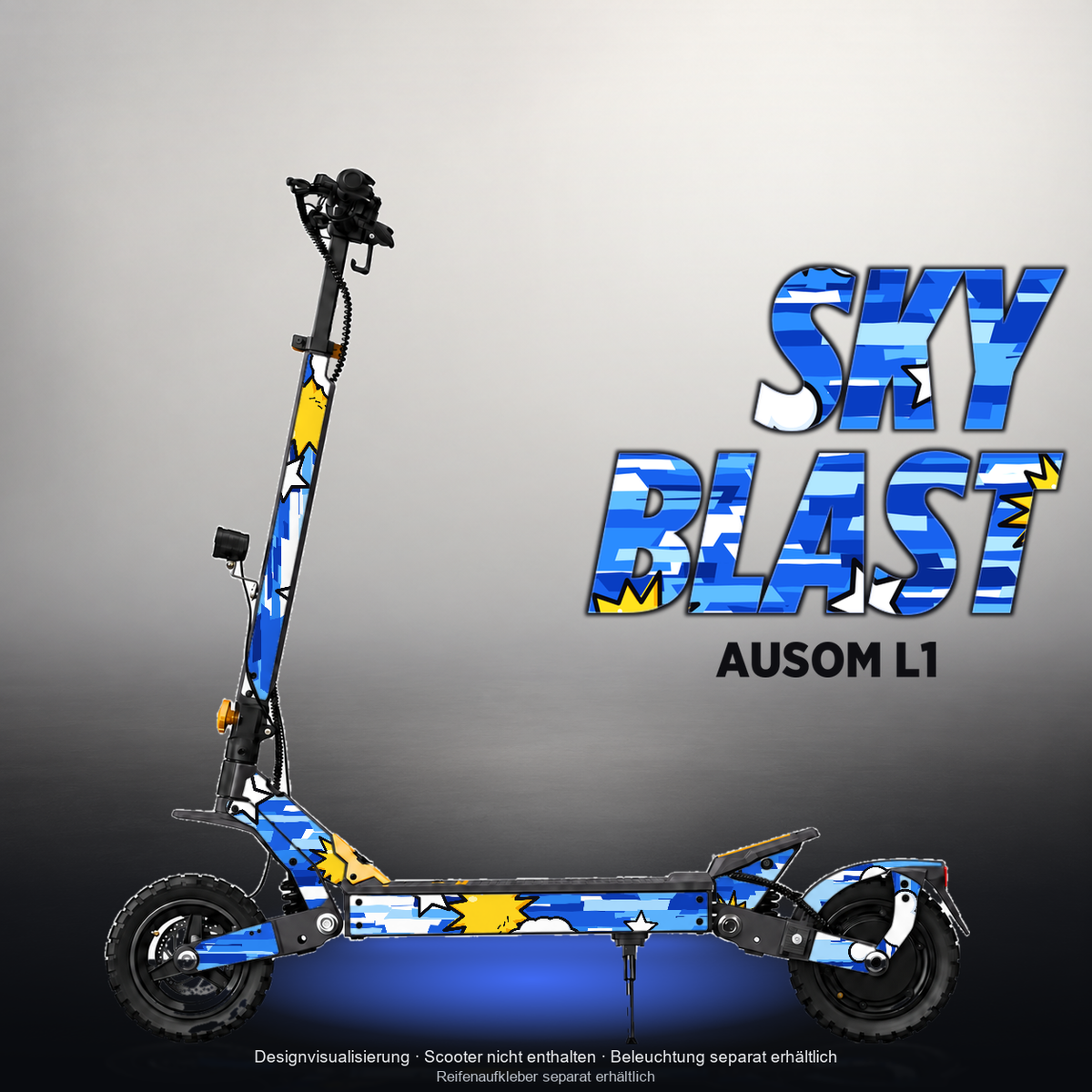 AUSOM L1 SKIN | SKY BLAST – Designvisualisierung mit Licht in der Skinfarbe; Scooter nicht enthalten, Beleuchtung separat erhältlich