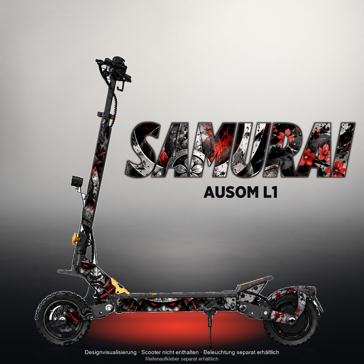 AUSOM L1 SKIN | SAMURAI – Designvisualisierung mit Licht in der Skinfarbe; Scooter nicht enthalten, Beleuchtung separat erhältlich
