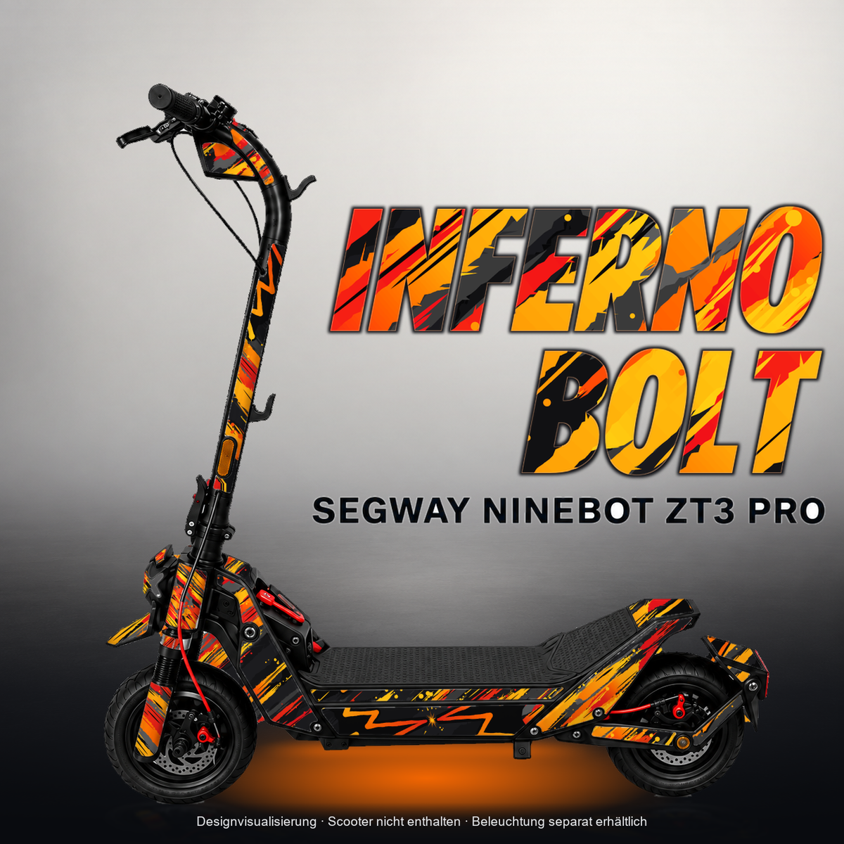 SEGWAY NINEBOT ZT3 PRO / ZT3 PRO D SKIN | INFERNO BOLT – Designvisualisierung mit Licht in der Skinfarbe; Scooter nicht enthalten, Beleuchtung separat erhältlich