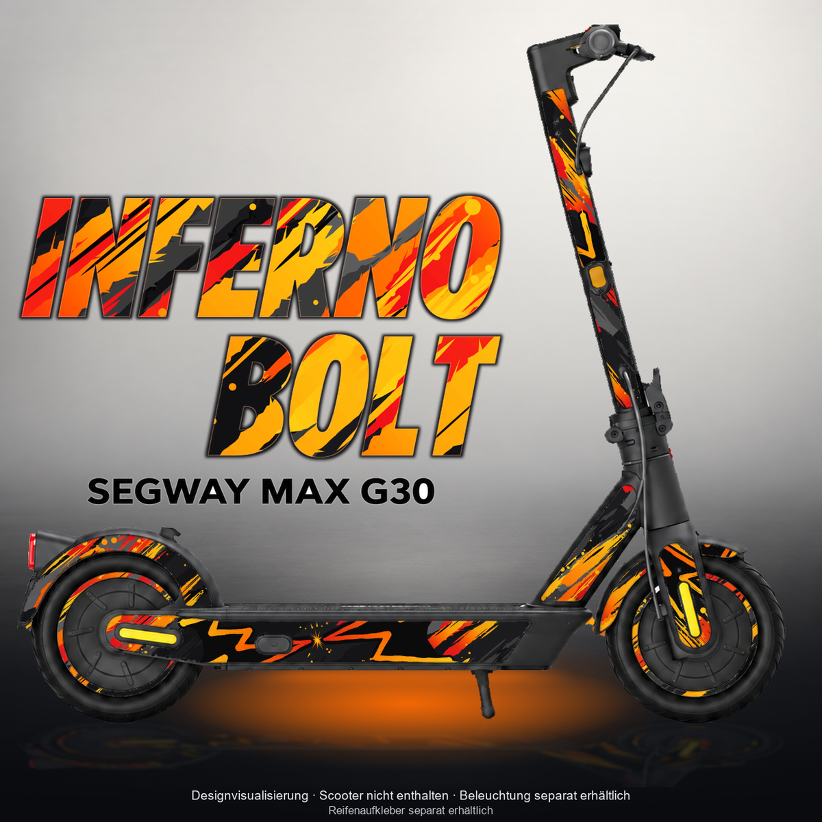 SEGWAY MAX G30 SKIN | INFERNO BOLT – Designvisualisierung mit Licht in der Skinfarbe; Scooter nicht enthalten, Beleuchtung separat erhältlich