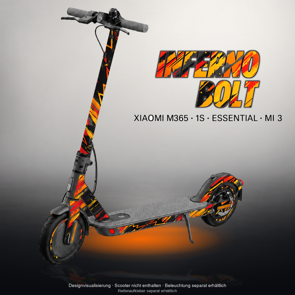 XIAOMI M365 / 1S / ESSENTIAL / MI 3 SKIN | INFERNO BOLT – Designvisualisierung mit Licht in der Skinfarbe; Scooter nicht enthalten, Beleuchtung separat erhältlich