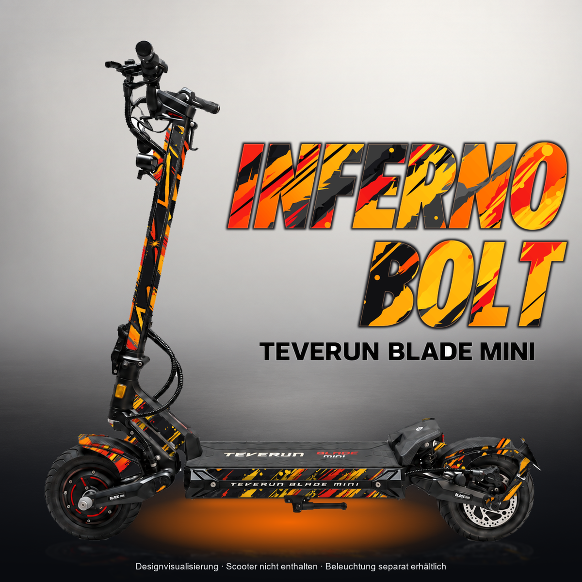 TEVERUN BLADE MINI / PRO / ULTRA SKIN | INFERNO BOLT – Designvisualisierung mit Licht in der Skinfarbe; Scooter nicht enthalten, Beleuchtung separat erhältlich