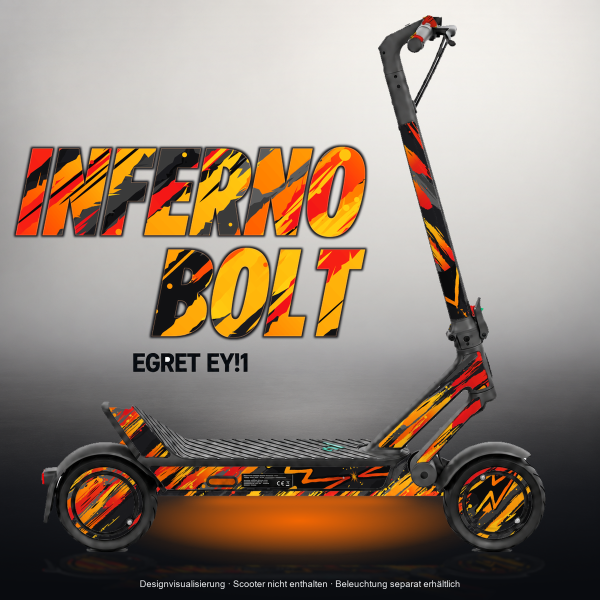 EGRET EY!1 SKIN | INFERNO BOLT – Designvisualisierung mit Licht in der Skinfarbe; Scooter nicht enthalten, Beleuchtung separat erhältlich