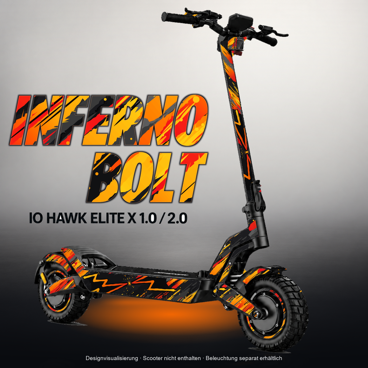 IO HAWK ELITE X 1.0 / 2.0 SKIN | INFERNO BOLT – Designvisualisierung mit Licht in der Skinfarbe; Scooter nicht enthalten, Beleuchtung separat erhältlich