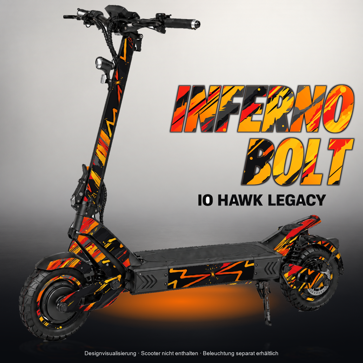 IO HAWK LEGACY SKIN | INFERNO BOLT – Designvisualisierung mit Licht in der Skinfarbe; Scooter nicht enthalten, Beleuchtung separat erhältlich