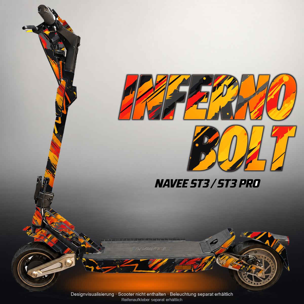 NAVEE ST3 / ST3 PRO SKIN | INFERNO BOLT – Designvisualisierung mit Licht in der Skinfarbe; Scooter nicht enthalten, Beleuchtung separat erhältlich