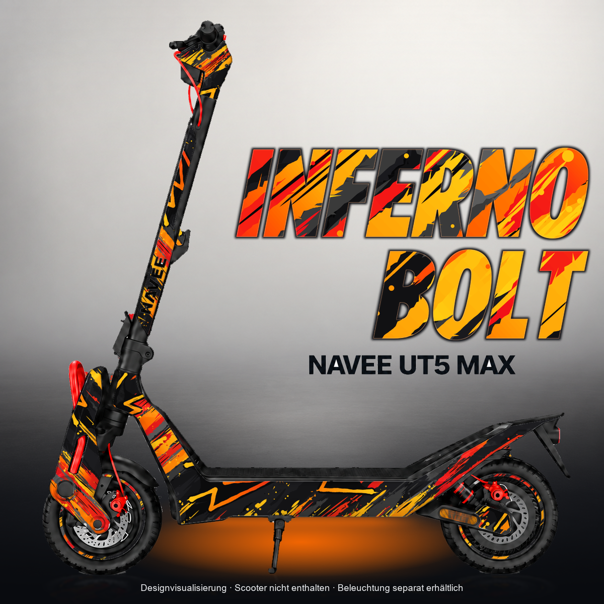 NAVEE UT5 MAX SKIN | INFERNO BOLT – Designvisualisierung mit Licht in der Skinfarbe; Scooter nicht enthalten, Beleuchtung separat erhältlich