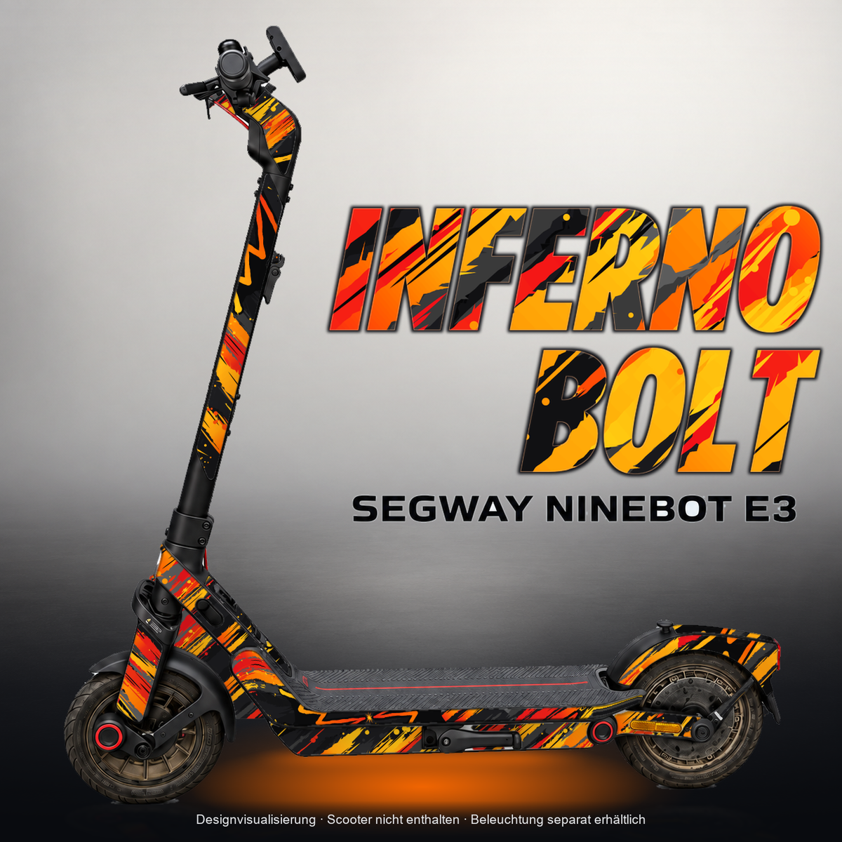 SEGWAY NINEBOT E3 / E3 PRO SKIN | INFERNO BOLT – Designvisualisierung mit Licht in der Skinfarbe; Scooter nicht enthalten, Beleuchtung separat erhältlich