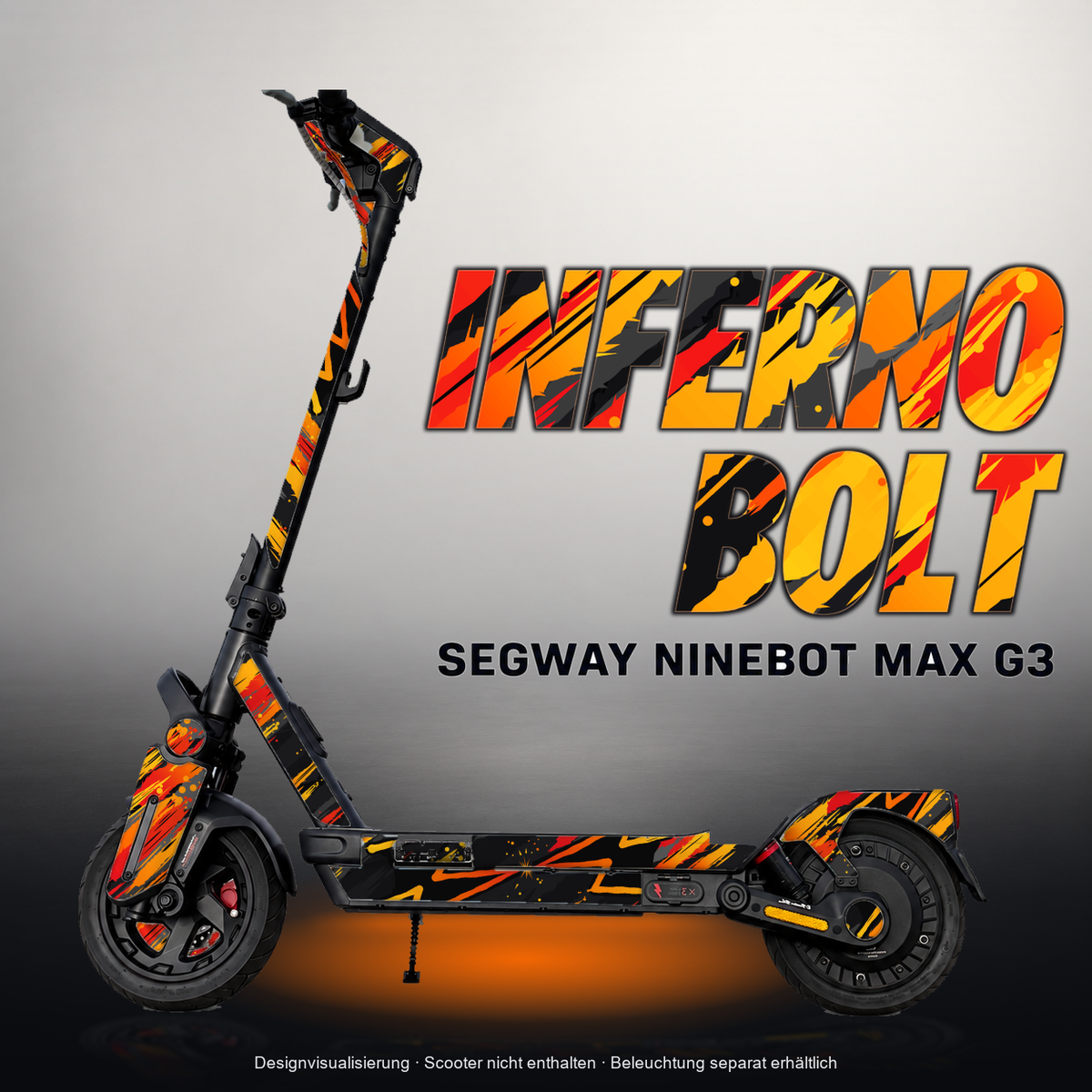 SEGWAY NINEBOT G3 / G3 D / G3 E SKIN | INFERNO BOLT – Designvisualisierung mit Licht in der Skinfarbe; Scooter nicht enthalten, Beleuchtung separat erhältlich