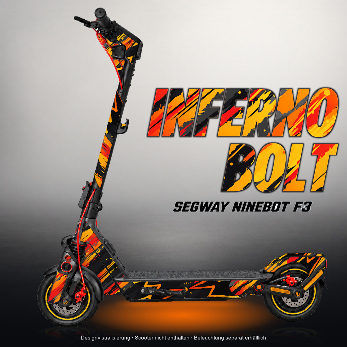 SEGWAY NINEBOT F3 / F3 PRO SKIN | INFERNO BOLT – Designvisualisierung mit Licht in der Skinfarbe; Scooter nicht enthalten, Beleuchtung separat erhältlich