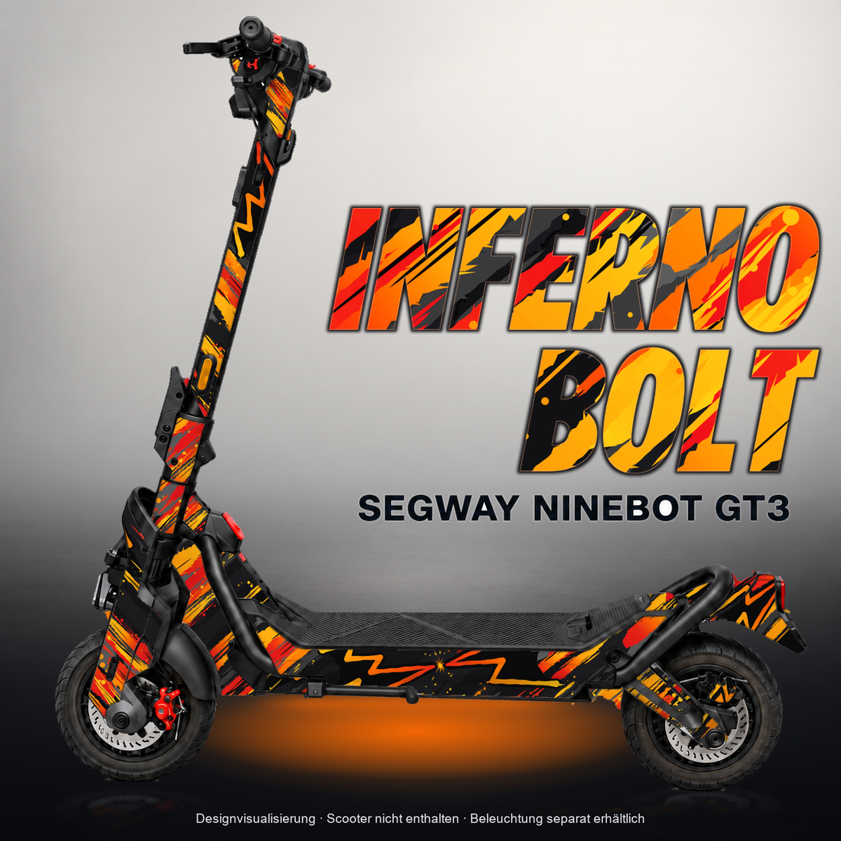 SEGWAY NINEBOT GT3 SKIN | INFERNO BOLT – Designvisualisierung mit Licht in der Skinfarbe; Scooter nicht enthalten, Beleuchtung separat erhältlich