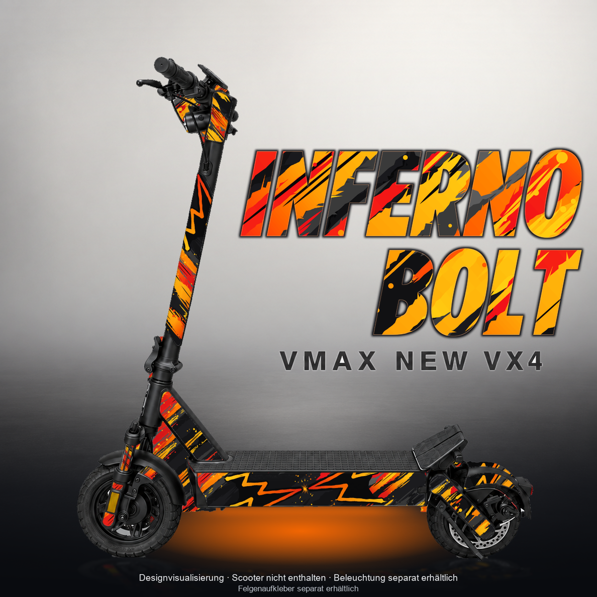 VMAX NEW VX4 SKIN | INFERNO BOLT – Designvisualisierung mit Licht in der Skinfarbe; Scooter nicht enthalten, Beleuchtung separat erhältlich