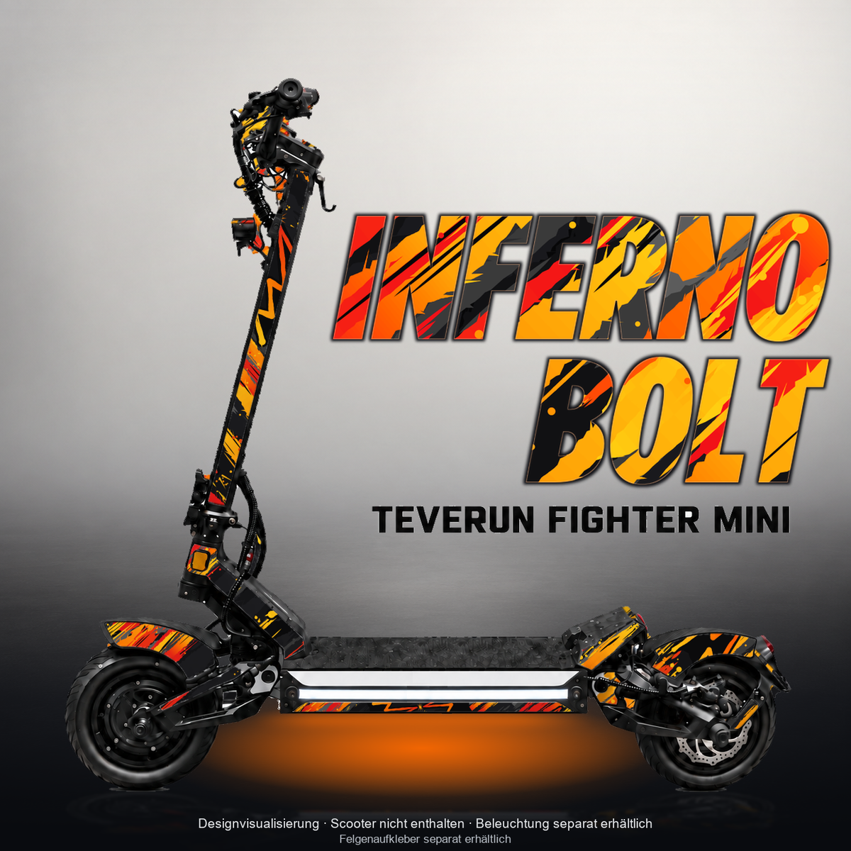 TEVERUN FIGHTER MINI / PRO SKIN | INFERNO BOLT – Designvisualisierung mit Licht in der Skinfarbe; Scooter nicht enthalten, Beleuchtung separat erhältlich