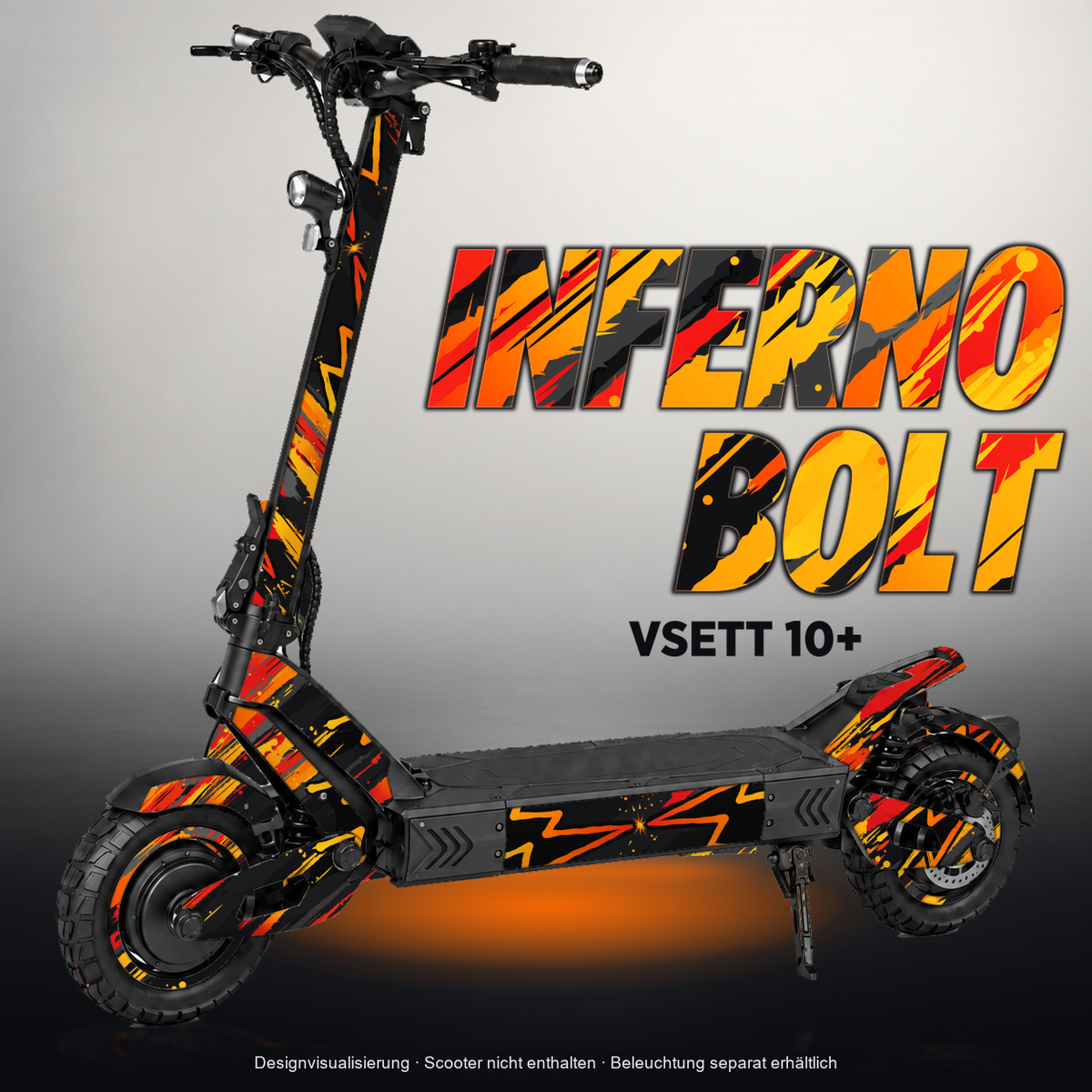VSETT 10+ SKIN | INFERNO BOLT – Designvisualisierung mit Licht in der Skinfarbe; Scooter nicht enthalten, Beleuchtung separat erhältlich
