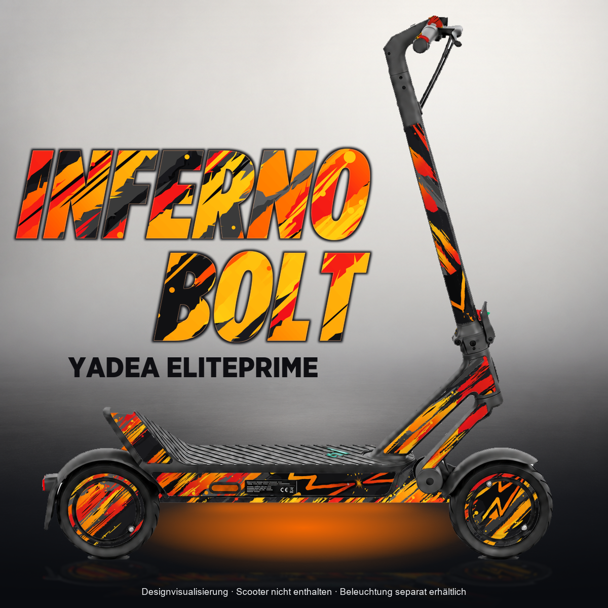 YADEA ELITEPRIME SKIN | INFERNO BOLT – Designvisualisierung mit Licht in der Skinfarbe; Scooter nicht enthalten, Beleuchtung separat erhältlich