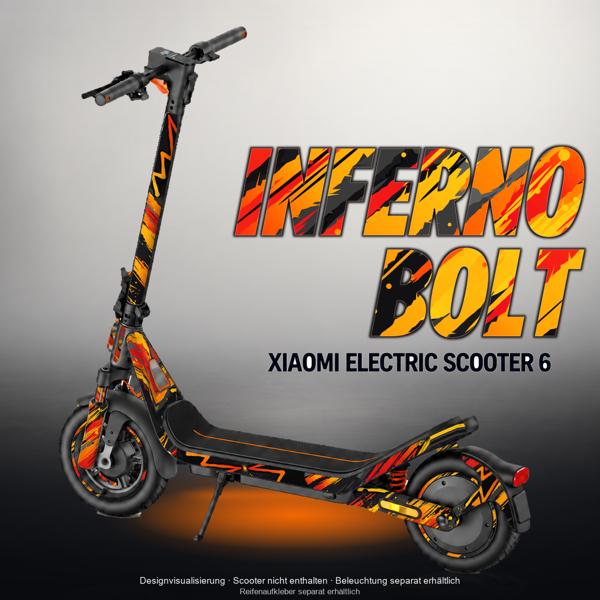 XIAOMI ELECTRIC SCOOTER 6 SKIN | INFERNO BOLT – Designvisualisierung mit Licht in der Skinfarbe; Scooter nicht enthalten, Beleuchtung separat erhältlich