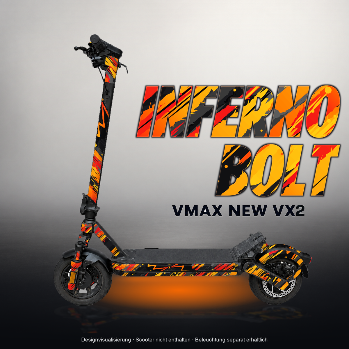 VMAX NEW VX2 SKIN | INFERNO BOLT – Designvisualisierung mit Licht in der Skinfarbe; Scooter nicht enthalten, Beleuchtung separat erhältlich