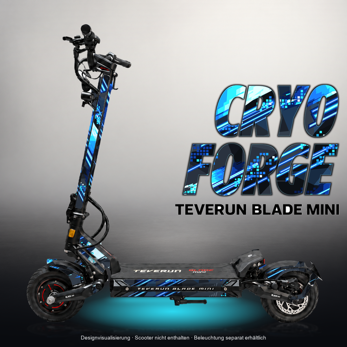 TEVERUN BLADE MINI / PRO / ULTRA SKIN | CRYO FORGE – Designvisualisierung mit Licht in der Skinfarbe; Scooter nicht enthalten, Beleuchtung separat erhältlich