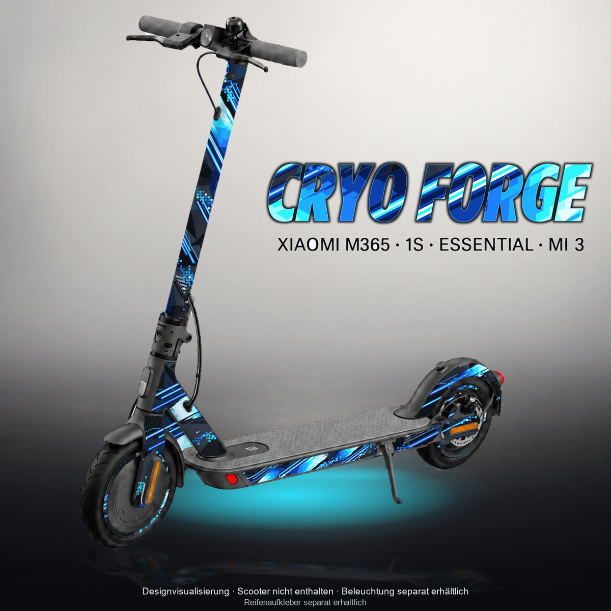XIAOMI M365 / 1S / ESSENTIAL / MI 3 SKIN | CRYO FORGE – Designvisualisierung mit Licht in der Skinfarbe; Scooter nicht enthalten, Beleuchtung separat erhältlich