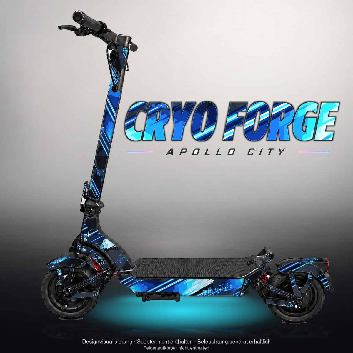APOLLO CITY / CITY PRO (2022–2024) SKIN | CRYO FORGE – Designvisualisierung mit Licht in der Skinfarbe; Scooter nicht enthalten, Beleuchtung separat erhältlich