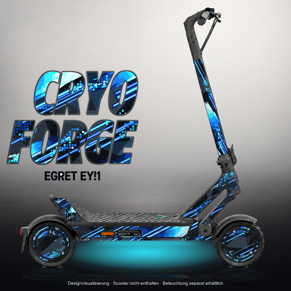 EGRET EY!1 SKIN | CRYO FORGE – Designvisualisierung mit Licht in der Skinfarbe; Scooter nicht enthalten, Beleuchtung separat erhältlich