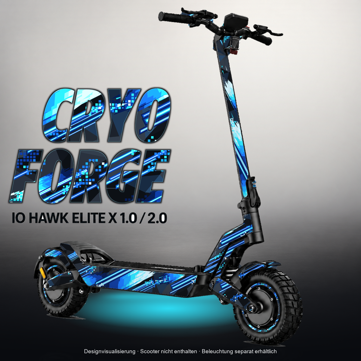 IO HAWK ELITE X 1.0 / 2.0 SKIN | CRYO FORGE – Designvisualisierung mit Licht in der Skinfarbe; Scooter nicht enthalten, Beleuchtung separat erhältlich