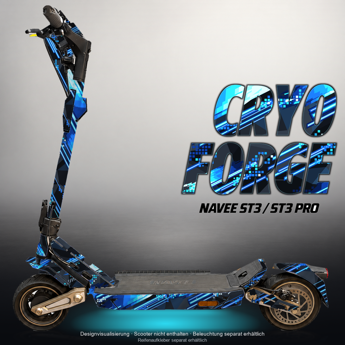 NAVEE ST3 / ST3 PRO SKIN | CRYO FORGE – Designvisualisierung mit Licht in der Skinfarbe; Scooter nicht enthalten, Beleuchtung separat erhältlich