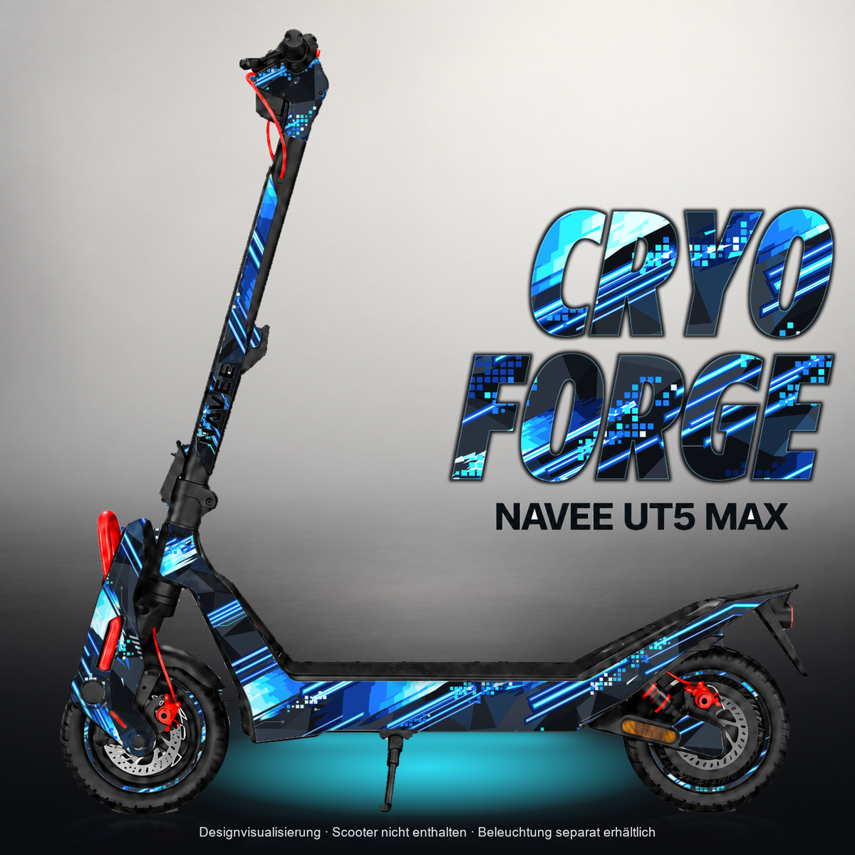 NAVEE UT5 MAX SKIN | CRYO FORGE – Designvisualisierung mit Licht in der Skinfarbe; Scooter nicht enthalten, Beleuchtung separat erhältlich