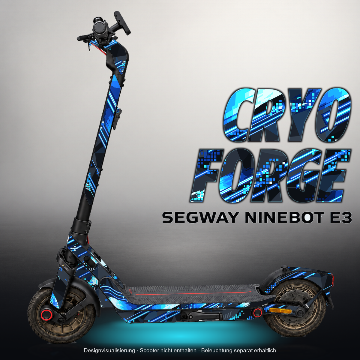 SEGWAY NINEBOT E3 / E3 PRO SKIN | CRYO FORGE – Designvisualisierung mit Licht in der Skinfarbe; Scooter nicht enthalten, Beleuchtung separat erhältlich