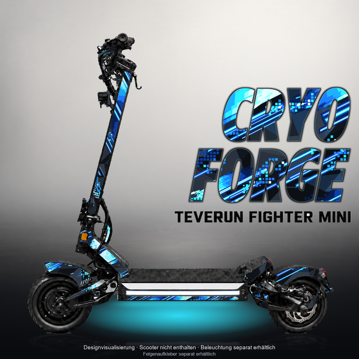TEVERUN FIGHTER MINI / PRO SKIN | CRYO FORGE – Designvisualisierung mit Licht in der Skinfarbe; Scooter nicht enthalten, Beleuchtung separat erhältlich