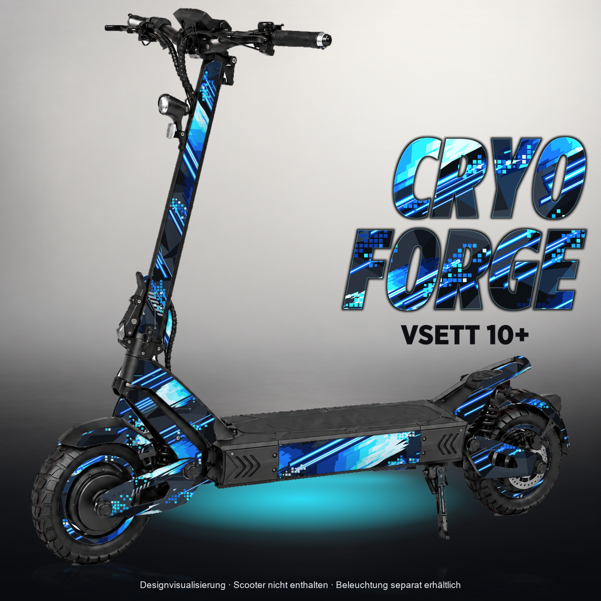 VSETT 10+ SKIN | CRYO FORGE – Designvisualisierung mit Licht in der Skinfarbe; Scooter nicht enthalten, Beleuchtung separat erhältlich