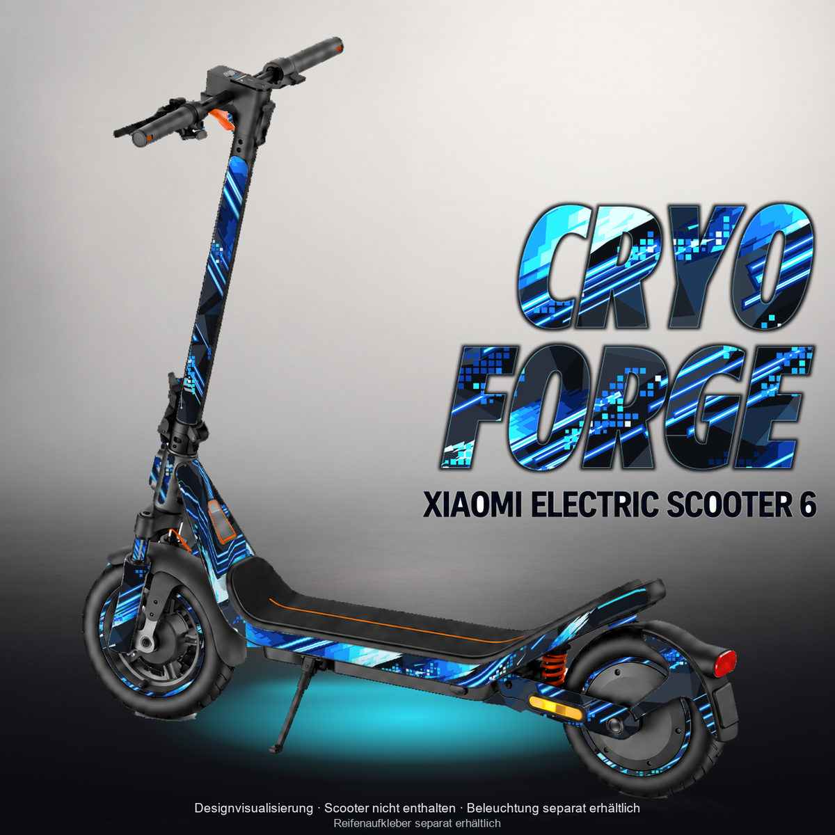 XIAOMI ELECTRIC SCOOTER 6 SKIN | CRYO FORGE – Designvisualisierung mit Licht in der Skinfarbe; Scooter nicht enthalten, Beleuchtung separat erhältlich