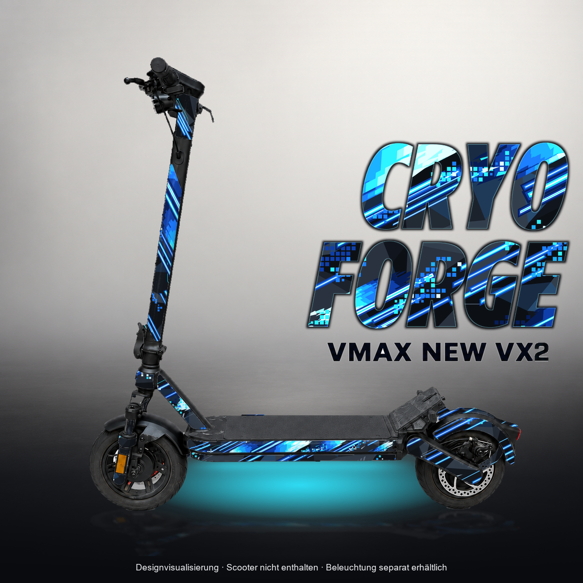 VMAX NEW VX2 SKIN | CRYO FORGE – Designvisualisierung mit Licht in der Skinfarbe; Scooter nicht enthalten, Beleuchtung separat erhältlich
