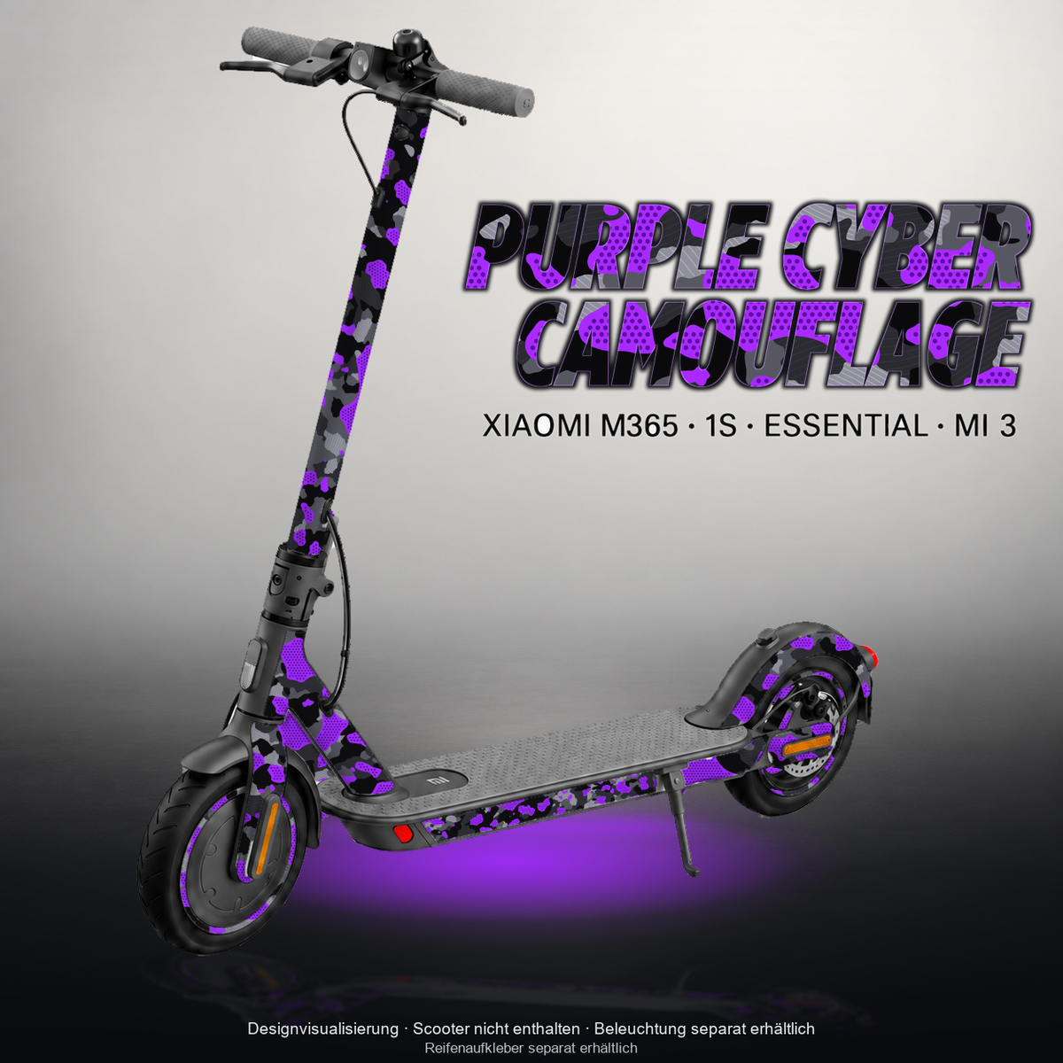 XIAOMI M365 / 1S / ESSENTIAL / MI 3 SKIN | PURPLE CYBER CAMOUFLAGE – Designvisualisierung mit Licht in der Skinfarbe; Scooter nicht enthalten, Beleuchtung separat erhältlich