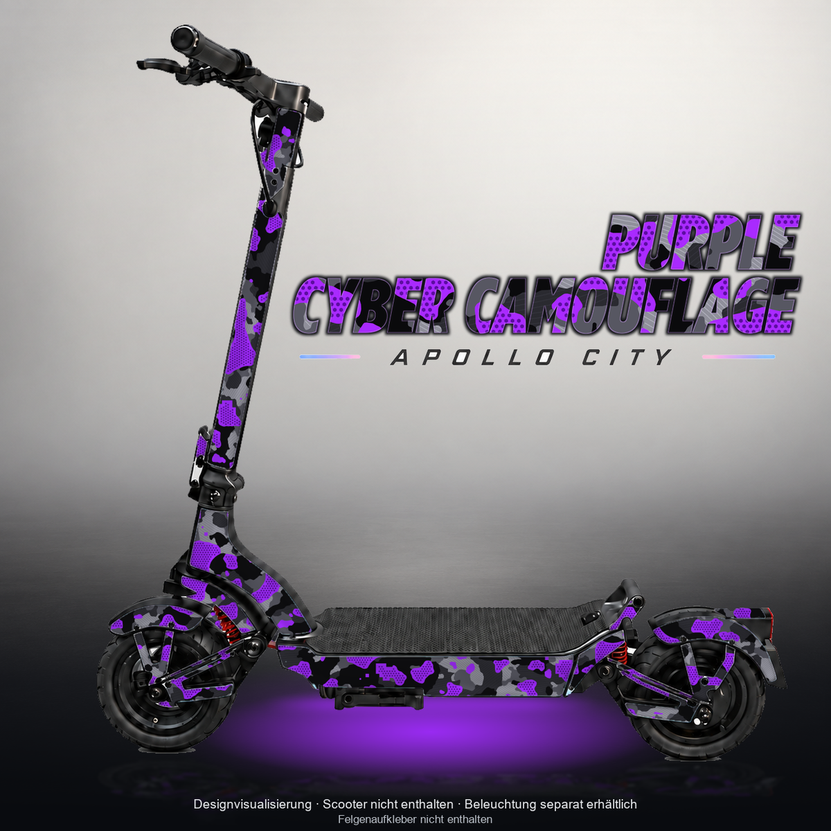 APOLLO CITY / CITY PRO (2022–2024) SKIN | PURPLE CYBER CAMOUFLAGE – Designvisualisierung mit Licht in der Skinfarbe; Scooter nicht enthalten, Beleuchtung separat erhältlich