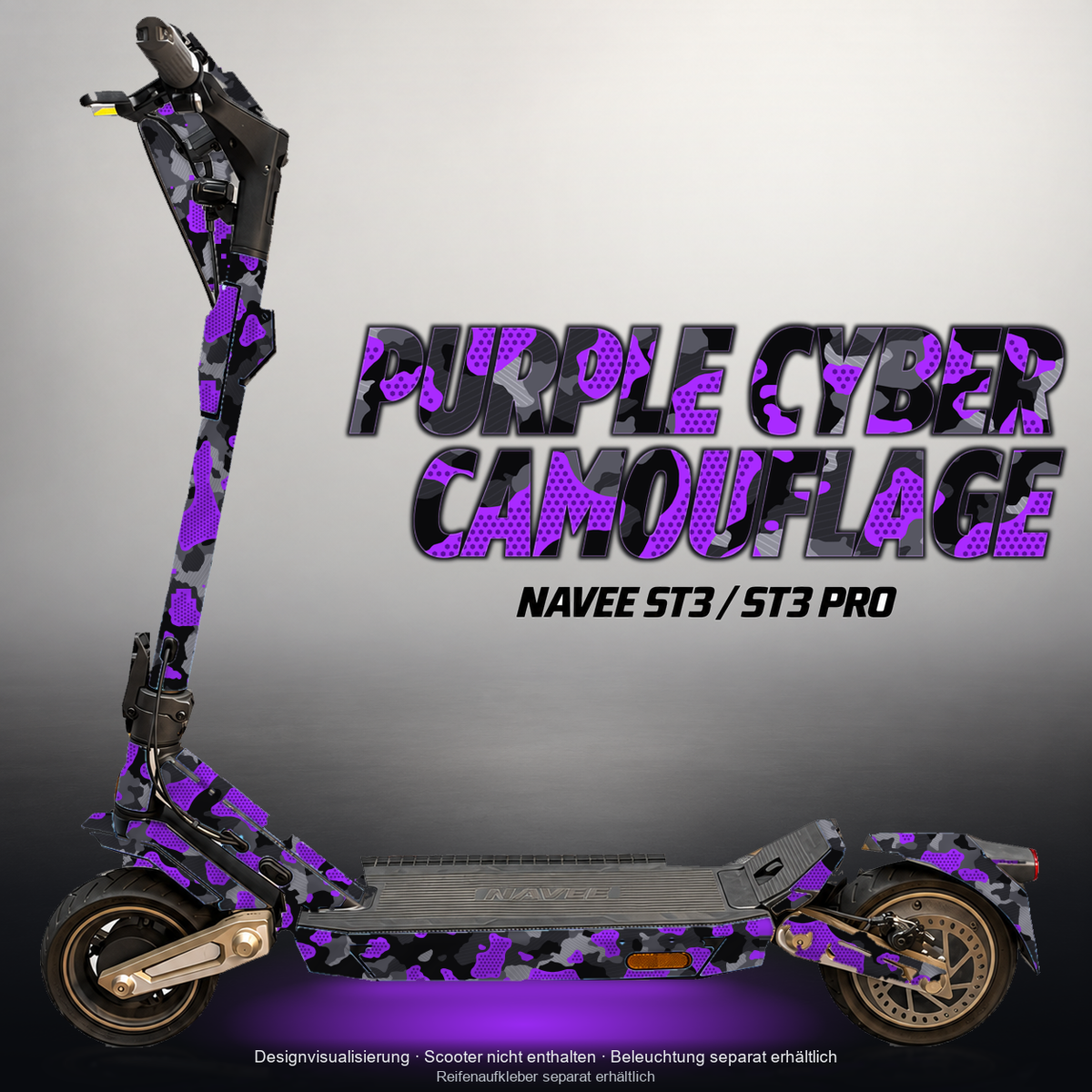 NAVEE ST3 / ST3 PRO SKIN | PURPLE CYBER CAMOUFLAGE – Designvisualisierung mit Licht in der Skinfarbe; Scooter nicht enthalten, Beleuchtung separat erhältlich