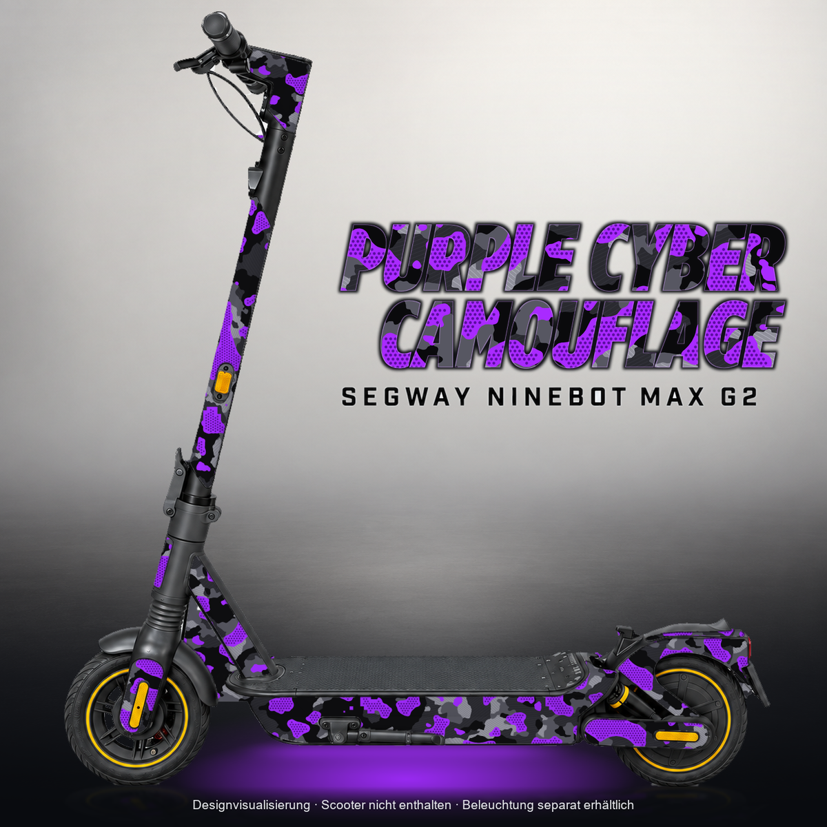 SEGWAY NINEBOT G2 MAX SKIN | PURPLE CYBER CAMOUFLAGE – Designvisualisierung mit Licht in der Skinfarbe; Scooter nicht enthalten, Beleuchtung separat erhältlich
