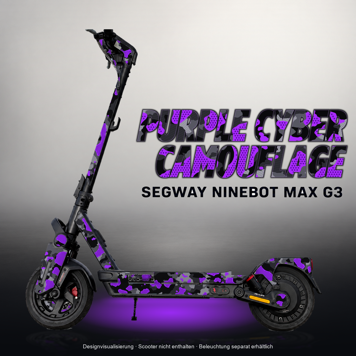 SEGWAY NINEBOT G3 / G3 D / G3 E SKIN | PURPLE CYBER CAMOUFLAGE – Designvisualisierung mit Licht in der Skinfarbe; Scooter nicht enthalten, Beleuchtung separat erhältlich