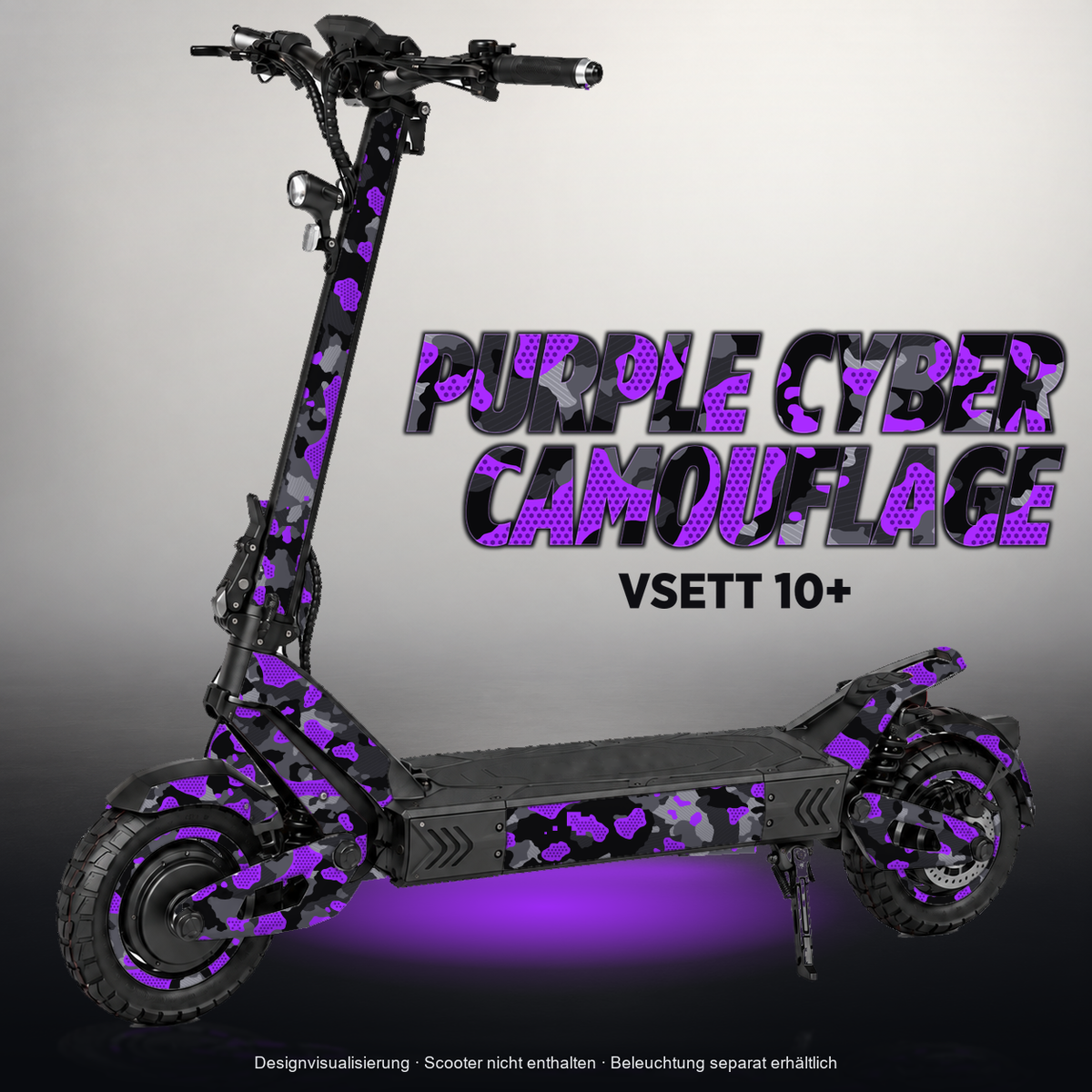 VSETT 10+ SKIN | PURPLE CYBER CAMOUFLAGE – Designvisualisierung mit Licht in der Skinfarbe; Scooter nicht enthalten, Beleuchtung separat erhältlich