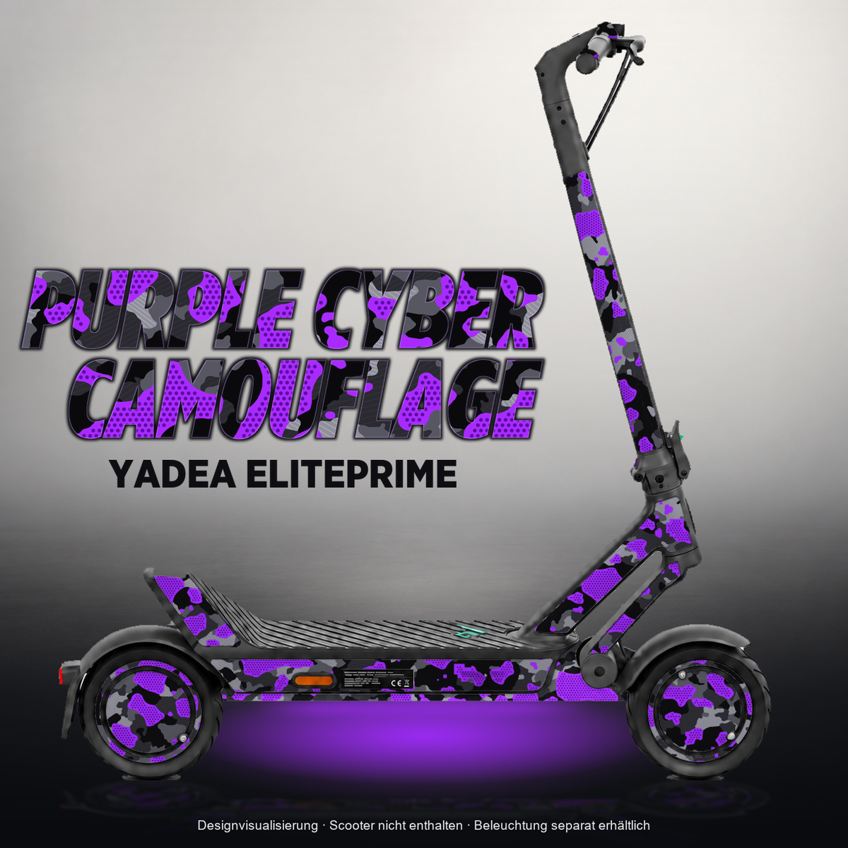 YADEA ELITEPRIME SKIN | PURPLE CYBER CAMOUFLAGE – Designvisualisierung mit Licht in der Skinfarbe; Scooter nicht enthalten, Beleuchtung separat erhältlich