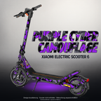 XIAOMI ELECTRIC SCOOTER 6 SKIN | PURPLE CYBER CAMOUFLAGE – Designvisualisierung mit Licht in der Skinfarbe; Scooter nicht enthalten, Beleuchtung separat erhältlich
