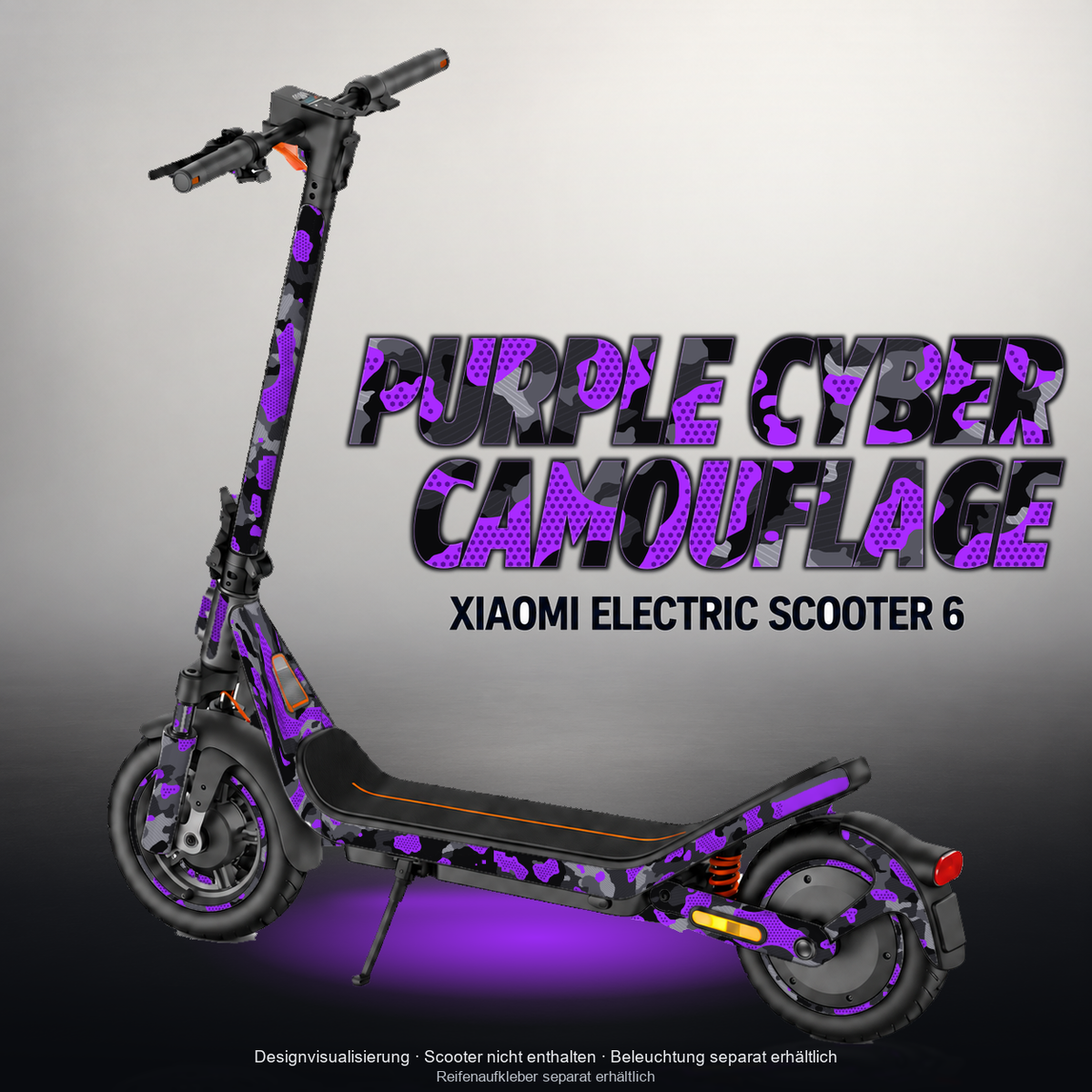 XIAOMI ELECTRIC SCOOTER 6 SKIN | PURPLE CYBER CAMOUFLAGE – Designvisualisierung mit Licht in der Skinfarbe; Scooter nicht enthalten, Beleuchtung separat erhältlich