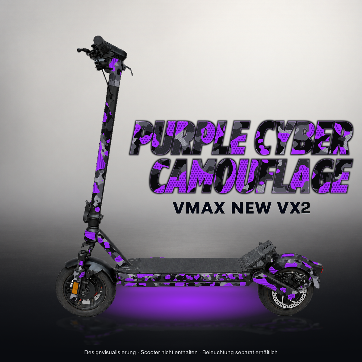 VMAX NEW VX2 SKIN | PURPLE CYBER CAMOUFLAGE – Designvisualisierung mit Licht in der Skinfarbe; Scooter nicht enthalten, Beleuchtung separat erhältlich